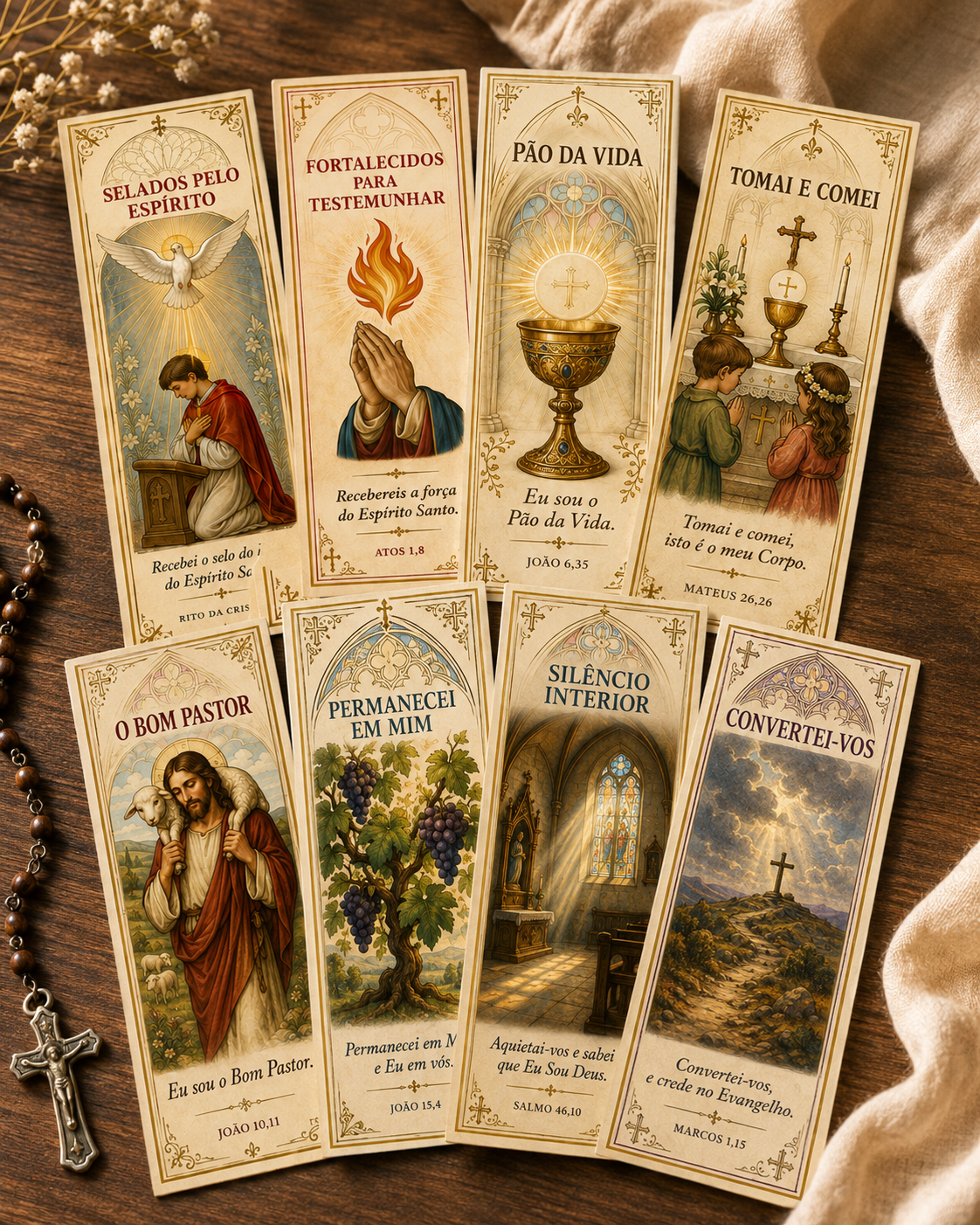 Marcadores para catequese: Selados pelo Espírito, Fortalecidos para Testemunhar, Pão da Vida, Tomai e Comei, O Bom Pastor, Permanecei em Mim, Silêncio Interior e Convertei-vos