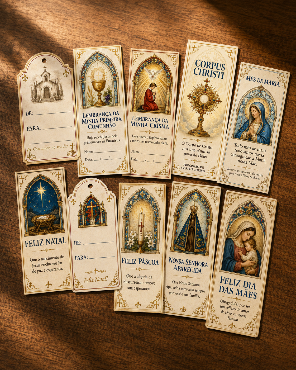 Marcadores e etiquetas de datas católicas: Primeira Comunhão, Crisma, Corpus Christi, Mês de Maria, Feliz Natal, Feliz Páscoa, Nossa Senhora Aparecida e Dia das Mães