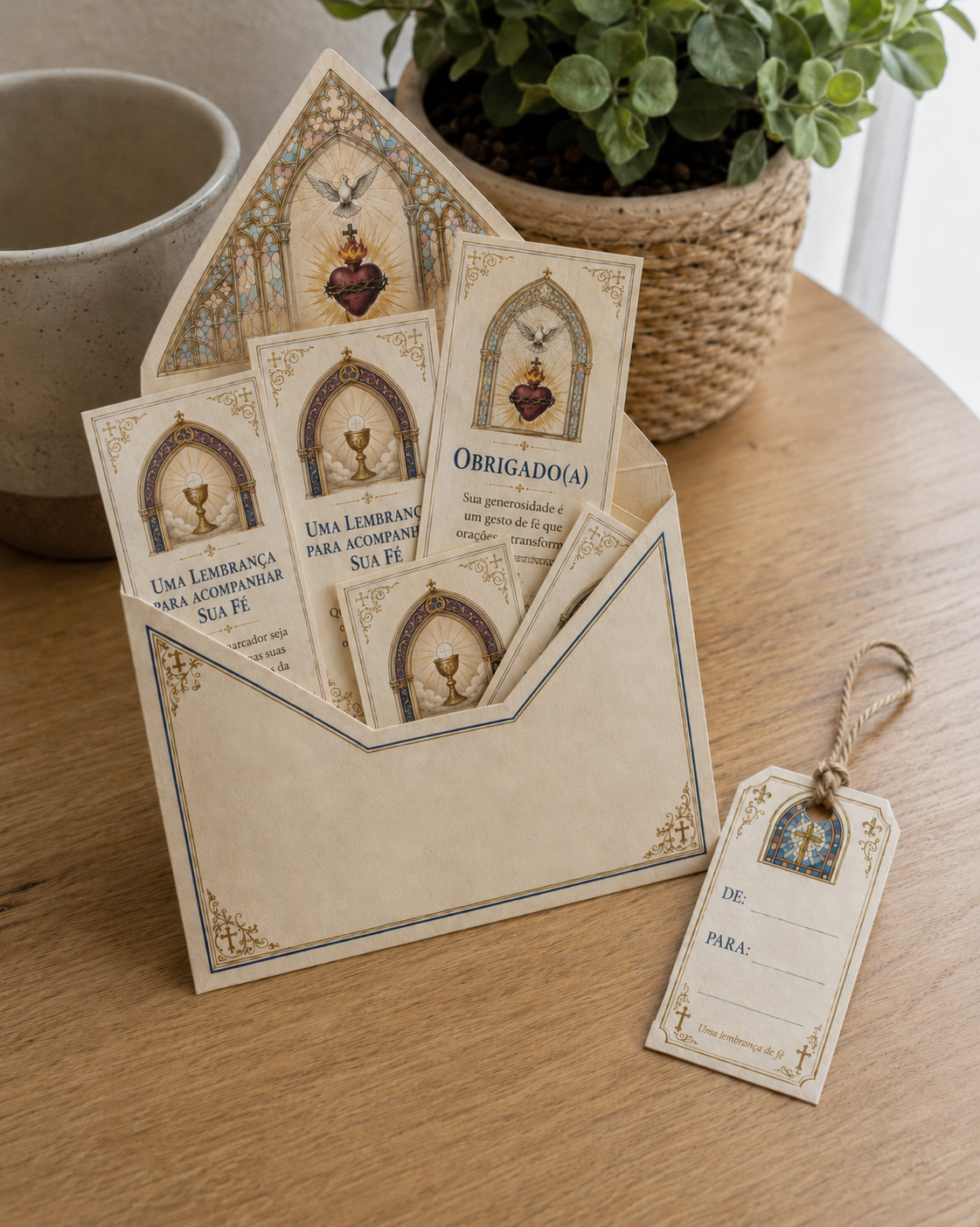 Envelope de presente católico aberto com cartões Uma Lembrança para Acompanhar Sua Fé, cartão Obrigado(a) e etiqueta De/Para