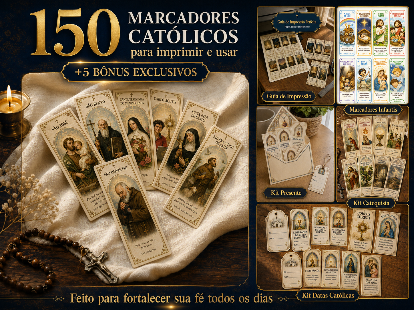 150 Marcadores Católicos + 5 Bônus Exclusivos: Guia de Impressão, Marcadores Infantis, Kit Presente, Kit Catequista e Kit Datas Católicas