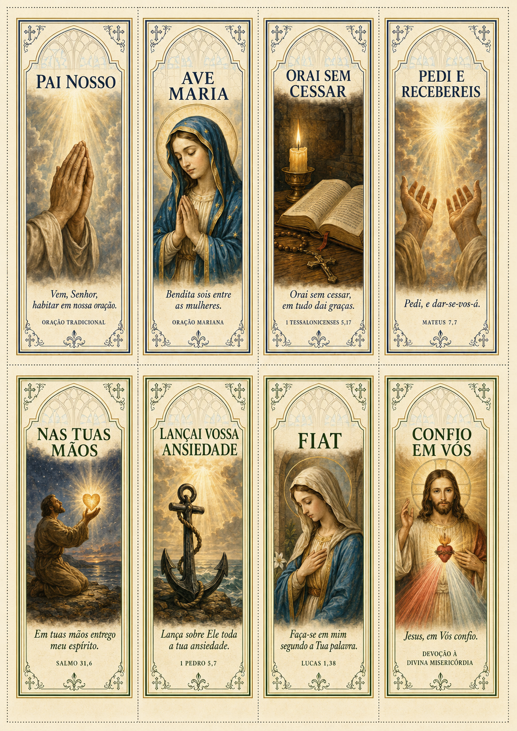 Marcadores de Pai Nosso, Ave Maria, Orai sem cessar, Pedi e recebereis, Nas tuas mãos, Lançai vossa ansiedade, Fiat e Confio em Vós
