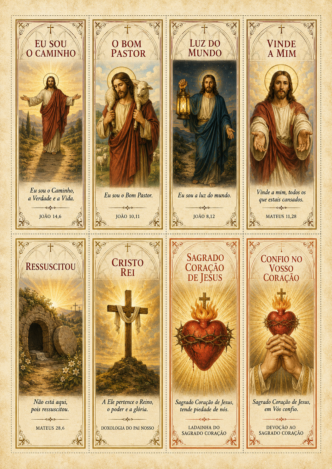 Marcadores Eu sou o Caminho, O Bom Pastor, Luz do Mundo, Vinde a mim, Ressuscitou, Cristo Rei, Sagrado Coração de Jesus e Confio no Vosso Coração