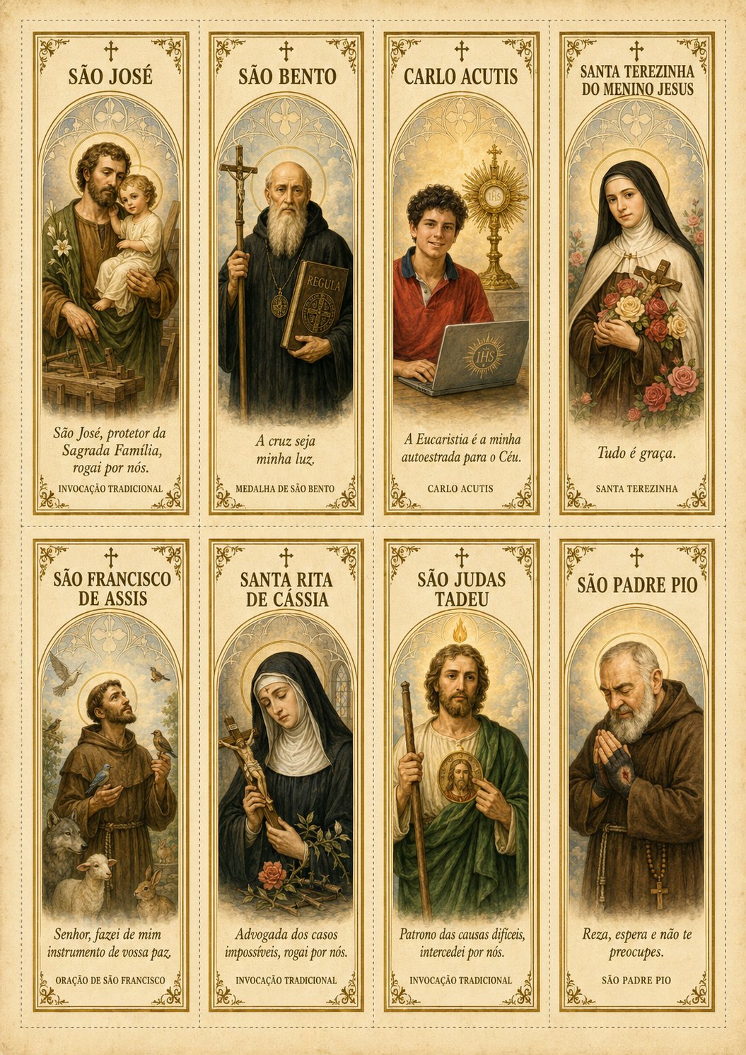 Marcadores de São José, São Bento, Carlo Acutis, Santa Terezinha, São Francisco de Assis, Santa Rita de Cássia, São Judas Tadeu e São Padre Pio