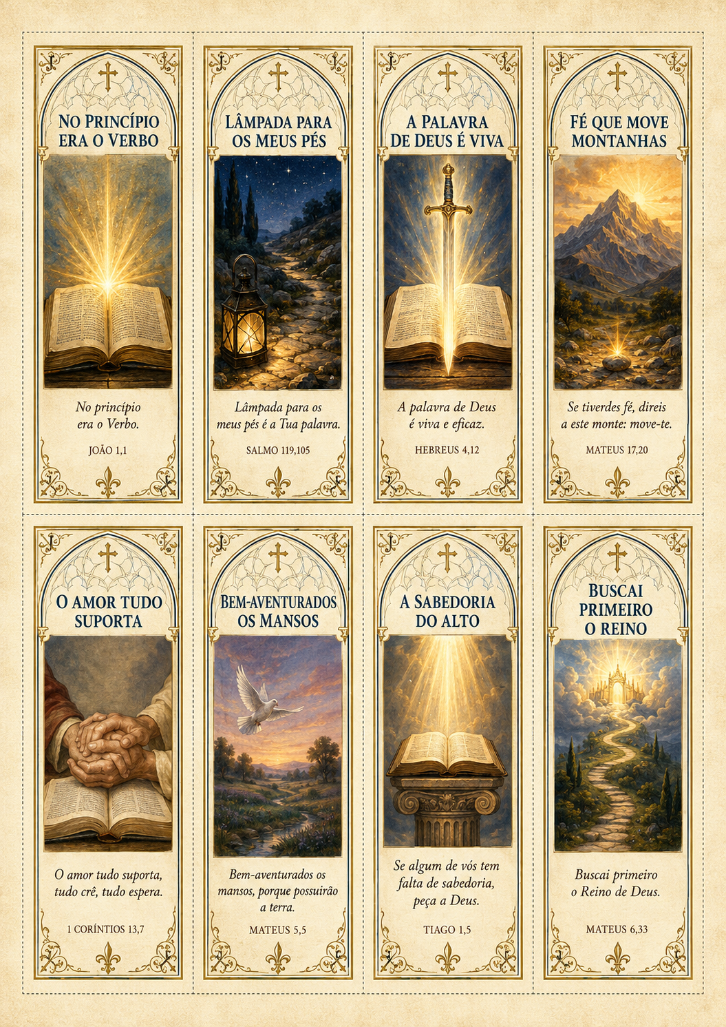 Marcadores No princípio era o Verbo, Lâmpada para os meus pés, A Palavra de Deus é viva, Fé que move montanhas, O amor tudo suporta, Bem-aventurados os mansos, A sabedoria do alto e Buscai primeiro o Reino