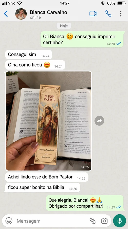 Print de conversa: cliente mostrando o marcador O Bom Pastor impresso na Bíblia