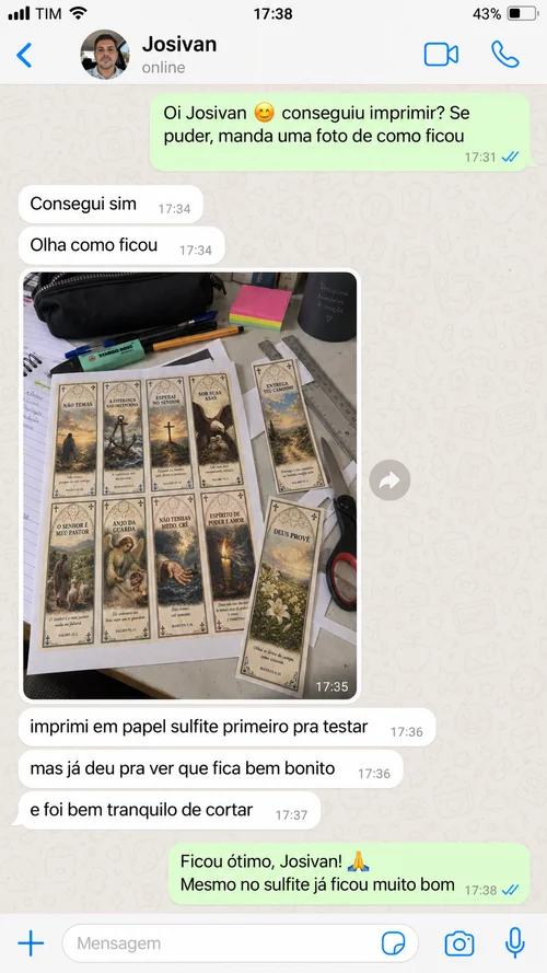 Print de conversa: cliente mostrando a folha de marcadores impressa e recortada