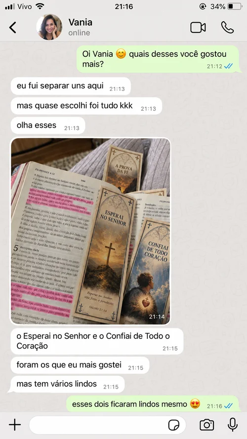 Print de conversa: cliente mostrando os marcadores Esperai no Senhor e Confiai de Todo Coração
