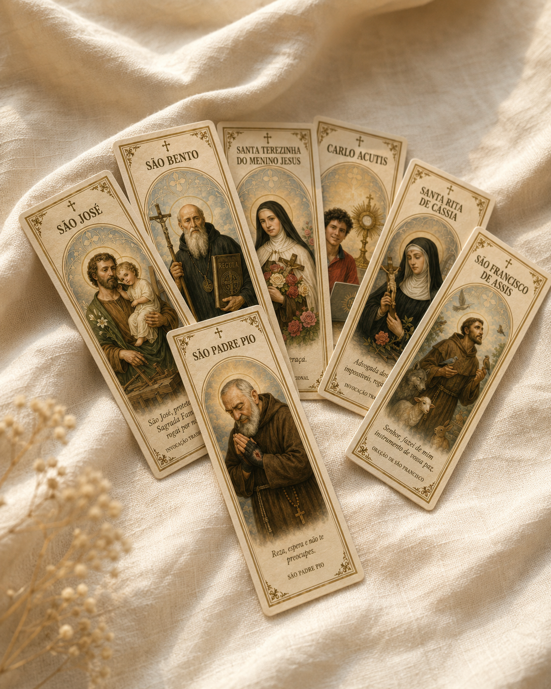Marcadores católicos reais dispostos sobre tecido claro