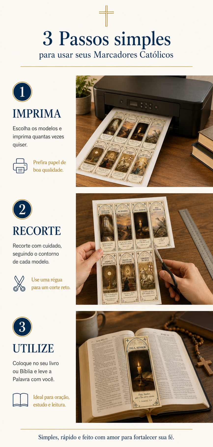 3 passos simples: imprima, recorte e utilize seus marcadores católicos